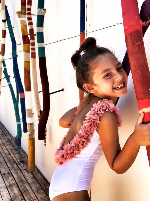 Alternative view of After Party White Kids Swimsuit With Pink Chiffon Flowers Straps