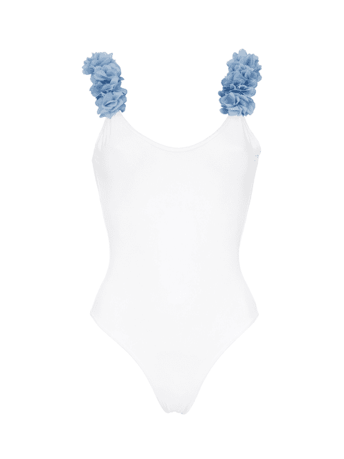 After Party White Kids Swimsuit With Blue Chiffon Flowers Straps