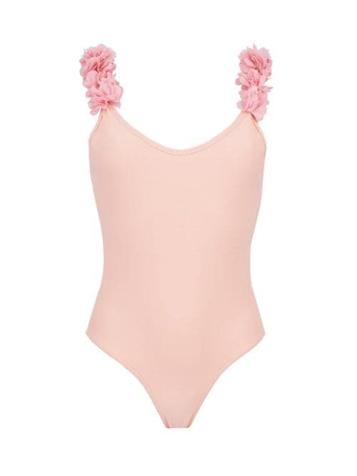 After Party Nude Kids Swimsuit With Pink Chiffon Flowers Straps