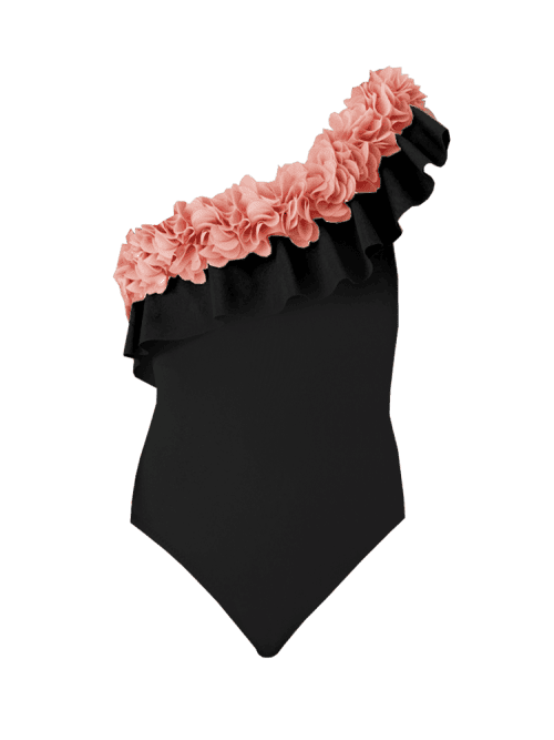Valentina Black Kids Swimsuit With Pink Chiffon Flowers Details