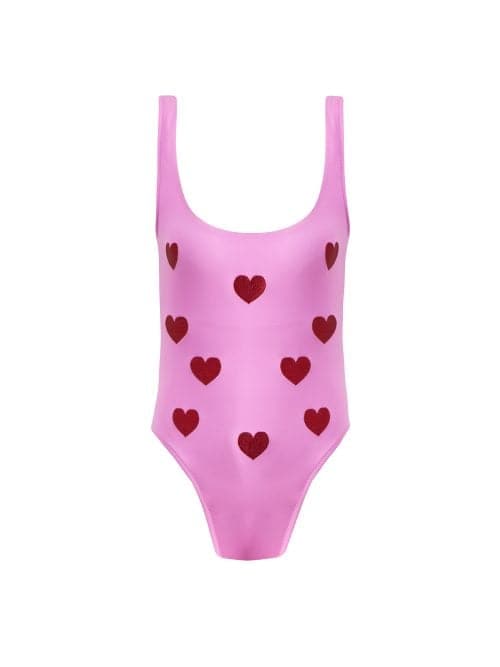 Amora Pink Kids Swimsuit With Red Embroidery Details