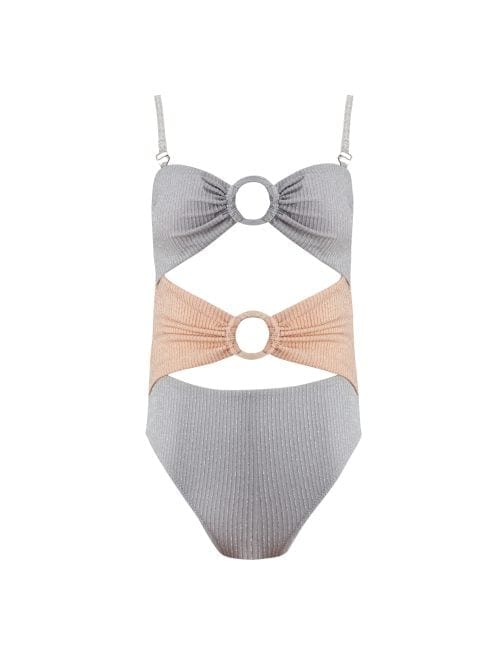 Eva Nude Grey Kids Swimsuit With Silver Stripes Details