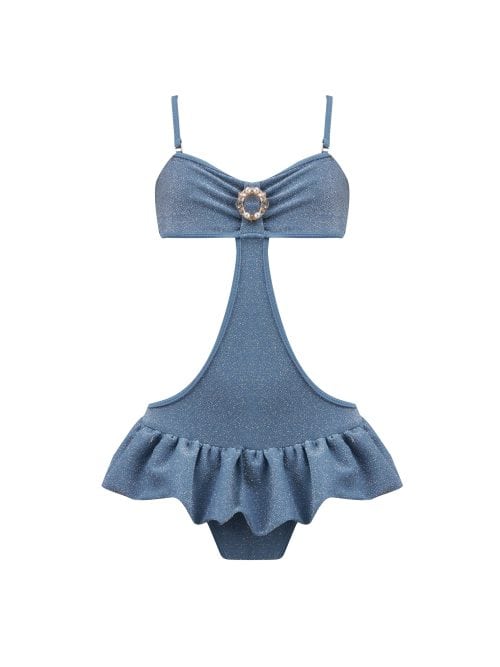 Luna Blue Kids Swimsuit With Rose Gold Crystal Pearl Embellished Buckle