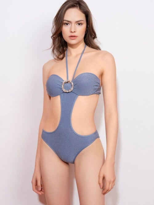 Lovekini Luna Blue Cut-Out Swimsuit With Rose Gold Crystal Pearl Embellished Buckle
