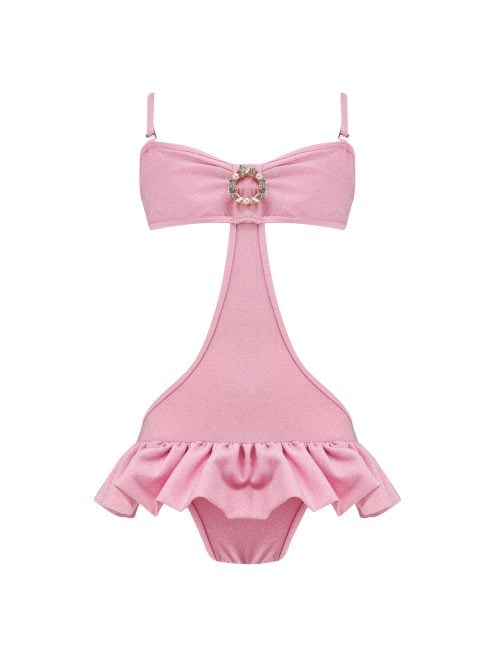 Luna Pink Kids Swimsuit With Rose Gold Crystal Pearl Embellished Buckle