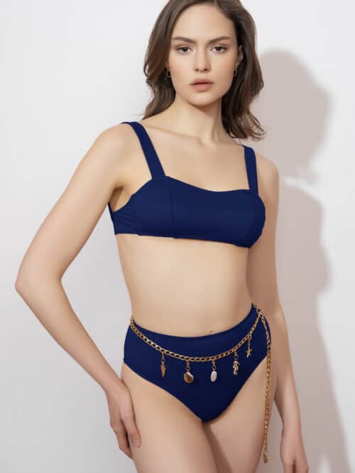 Lovekini Stella Navy High Waist Bikini With Gold Charm Belt And Seashell Details