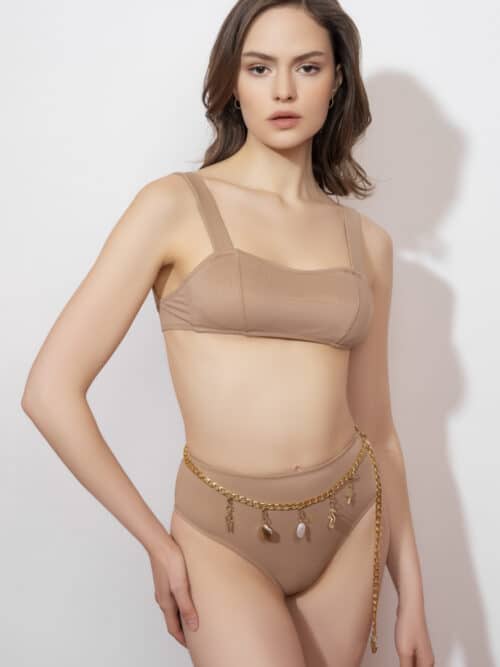 Lovekini Stella Beige High Waist Bikini With Gold Charm Belt And Seashell Details