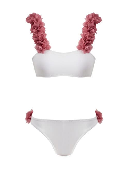 Lovekini Rosa White Bikini With D.Pink Chiffon Flowers Straps | Pink