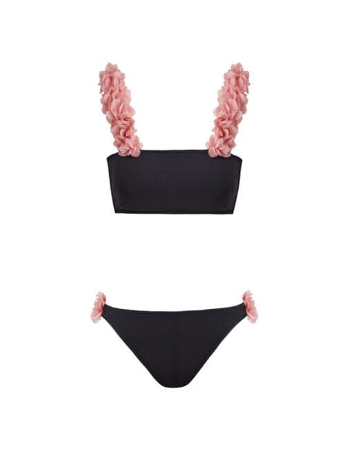 Lovekini Rosa Black Kids Bikini With Pink Chiffon Flowers Straps