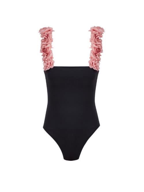 Lovekini Rosa Black Kids Swimsuit With Pink Chiffon Flowers Straps