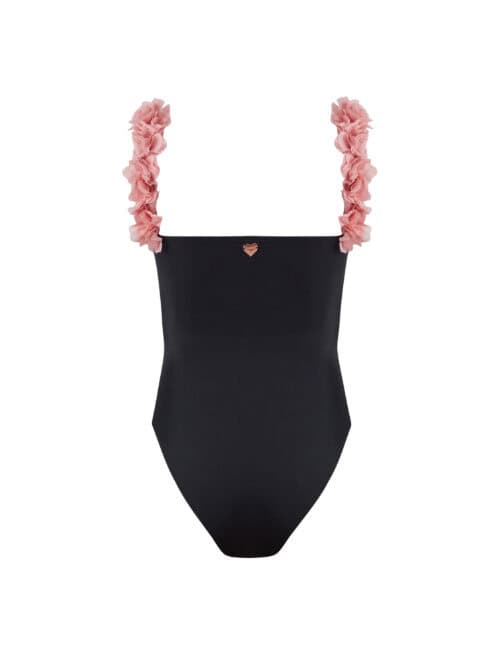Alternative view of Rosa Black Kids Swimsuit With Pink Chiffon Flowers Straps