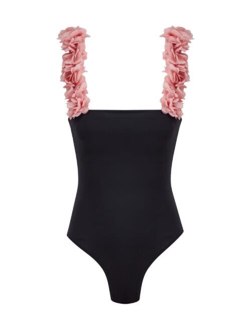 Alternative view of Rosa Black Swimsuit With Pink Chiffon Flowers Straps