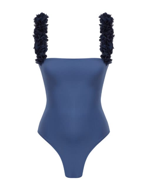 Lovekini Rosa Blue Swimsuit With Navy Chiffon Flowers Straps