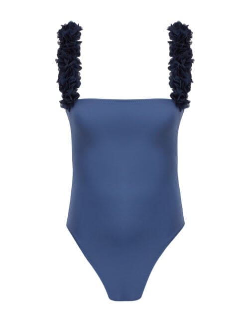 Lovekini Rosa Blue Kids Swimsuit With Blue Chiffon Flowers Straps