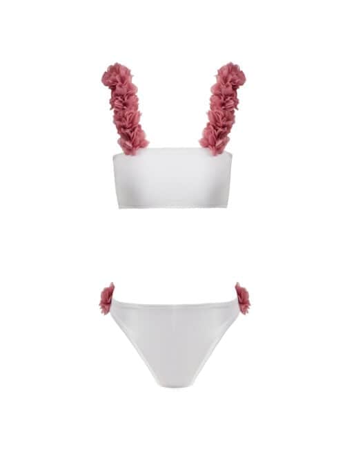 Lovekini Rosa White Kids Bikini With Pink Chiffon Flowers Straps