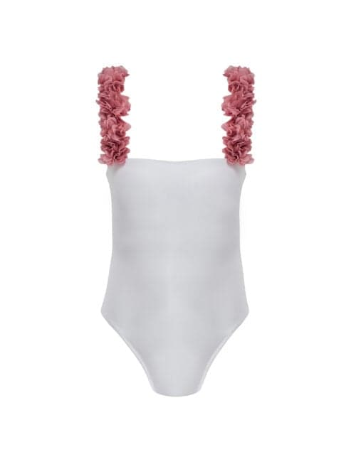 Lovekini Rosa White Kids Swimsuit With Pink Chiffon Flowers Straps