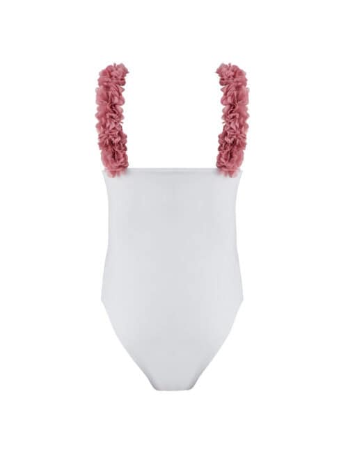 Alternative view of Rosa White Kids Swimsuit With Pink Chiffon Flowers Straps
