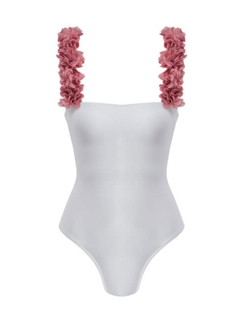 Lovekini Rosa White Swimsuit With D.Pink Chiffon Flowers Straps