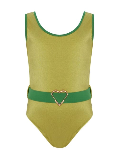 Lovekini Emma Green Kids Swimsuit With Rose Gold Belt Buckle Accessory