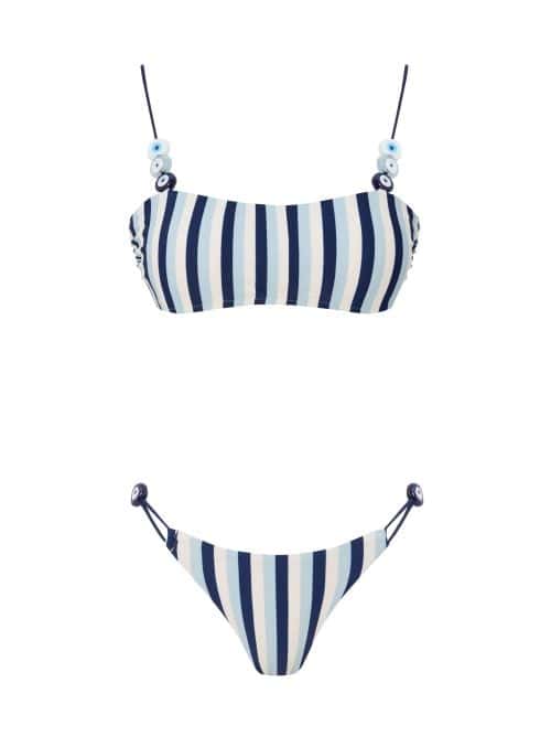 Alya Blue Stripe Bikini With Evil Eye Glass Beads Accessory