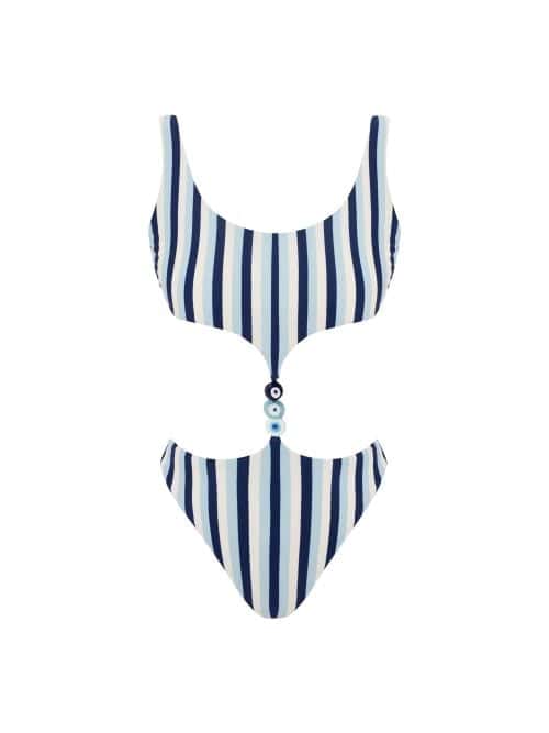 Lovekini Alya Blue Stripe Cut-Out Swimsuit With Evil Eye Glass Beads Accessory
