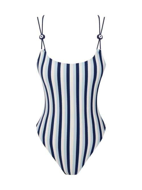Lovekini Alya Blue Stripe Swimsuit With Evil Eye Glass Beads Accessory