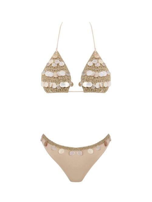 Lovekini Galia Beige Bikini With Handmade Macrame And Pearl Drop Details