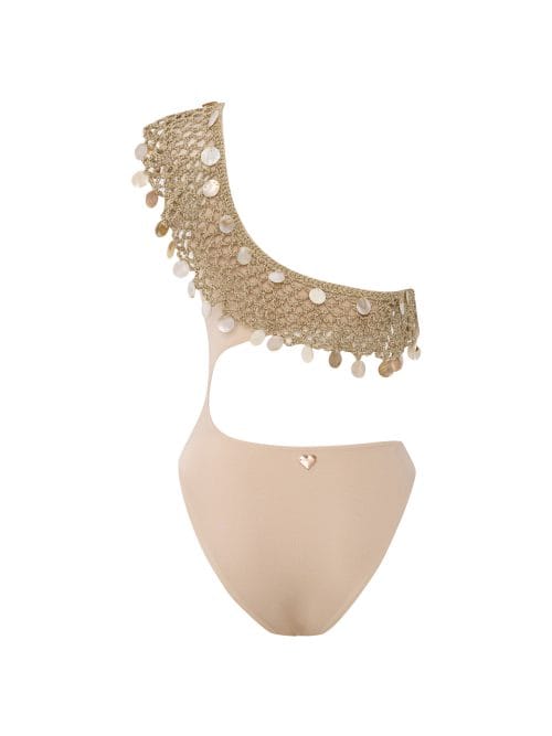 Lovekini Galia Beige Swimsuit With Handmade Macrame And Pearl Drop Details