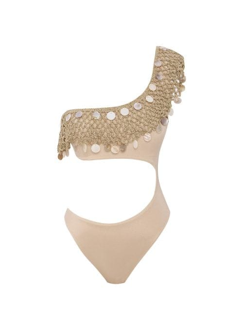 Lovekini Galia Beige Swimsuit With Handmade Macrame And Pearl Drop Details