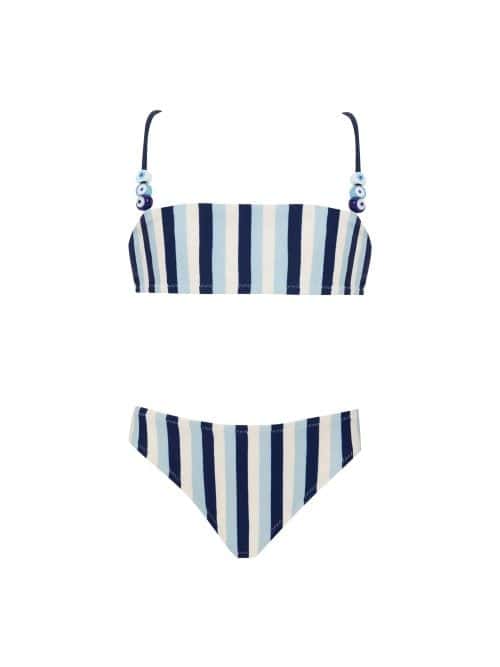 Lovekini Alya Blue Stripe Kids Bikini With Evil Eye Glass Beads Accessory