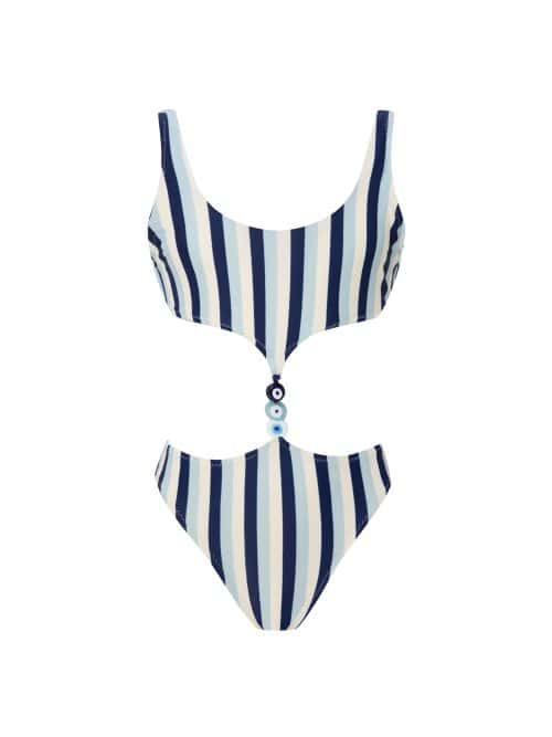 Lovekini Alya Blue Stripe Kids Swimsuit With Evil Eye Glass Beads Accessory