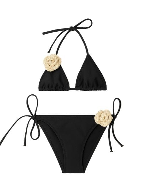Rosalia Black Kids Bikini With Handmade Macrome Beige Rose