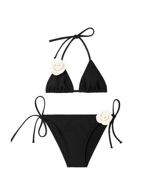 Rosalia Black Kids Bikini With Handmade Macrome White Rose