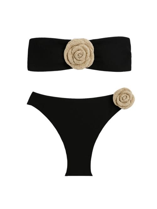 Rosalia Black Bikini Handmade Macreme Beige Rose