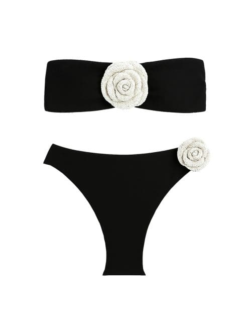Rosalia Black Bikini Handmade Macreme White Rose
