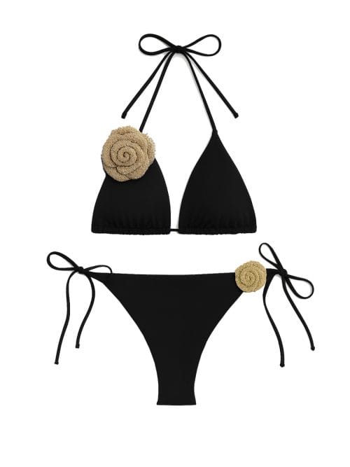 Rosalia Black Triangle Bikini With Handmade Macrame Beige Rose