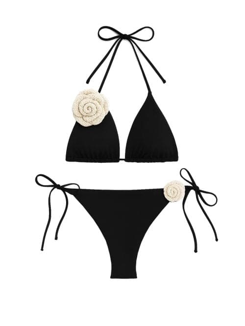 Rosalia Black Triangle Bikini With Handmade Macrame Rose