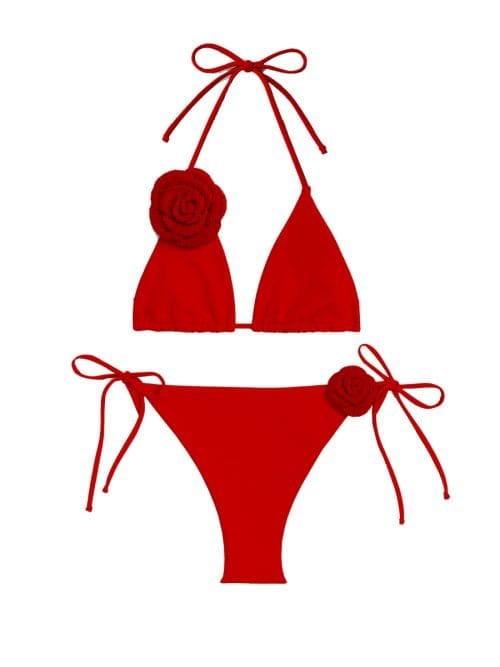 Rosalia Red Triangle Bikini With Handmade Macrame Rose