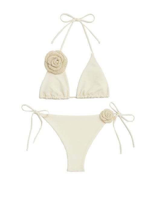 Rosalia White Triangle Bikini With Handmade Macrame White Rose