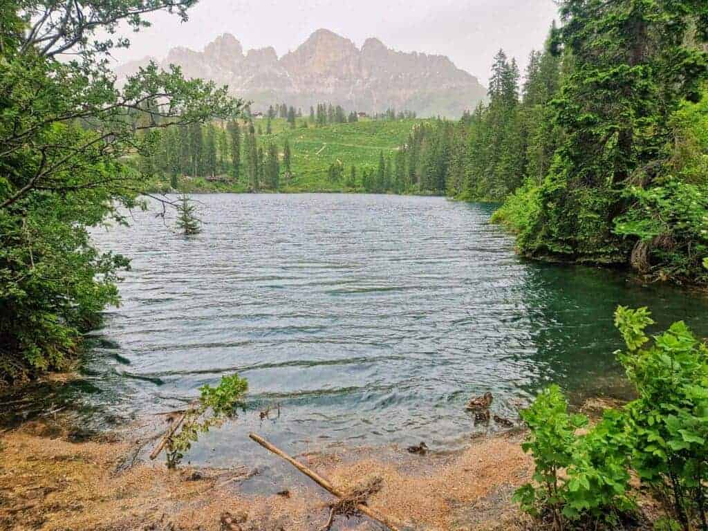 A serene mountain lake surrounded by lush green trees and vegetation, with rocky mountain peaks in the background. The water is calm, reflecting the natural greenery around it. The sky is overcast, giving the scene a tranquil and peaceful atmosphere reminiscent of Lago di Carezza.