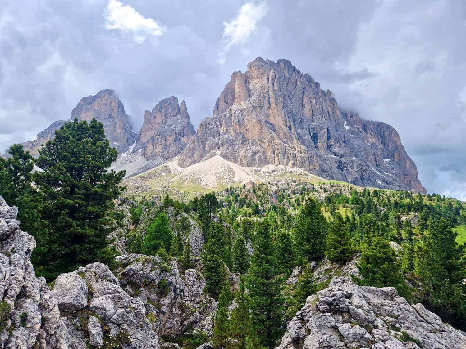 Rocky mountain peaks rise majestically under a cloudy sky, with lush green pine trees in the foreground. Weathered gray rocks are scattered among the trees, creating a rugged landscape.