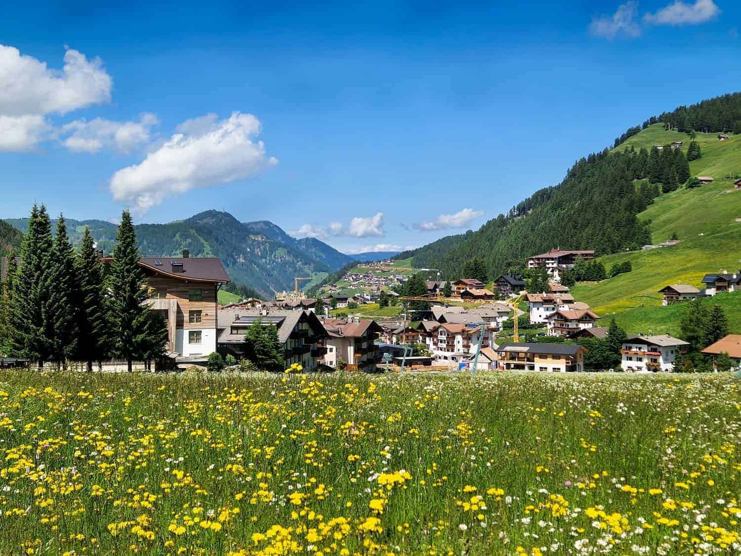 A picturesque mountain village surrounded by green hills and forests under a bright blue sky with fluffy clouds. Wildflowers, including yellow blooms, dot the lush foreground meadow, while scattered houses sit nestled in the valley.