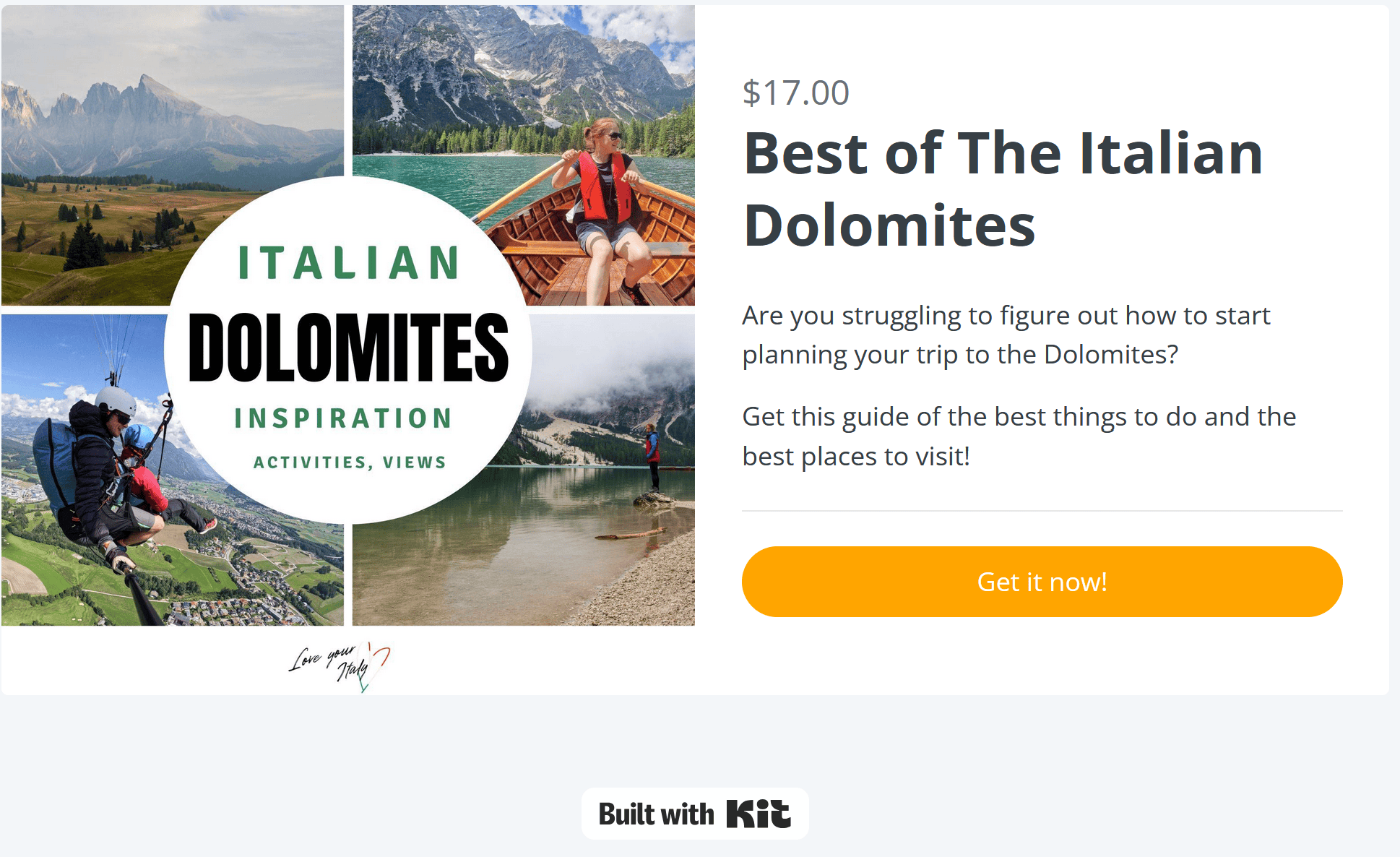 A promotional image for an Italian Dolomites travel guide. It features scenic photos of mountains, paragliding, and a woman in a canoe, with text offering inspiration for activities and views for $17. A "Get it now!" button is shown.