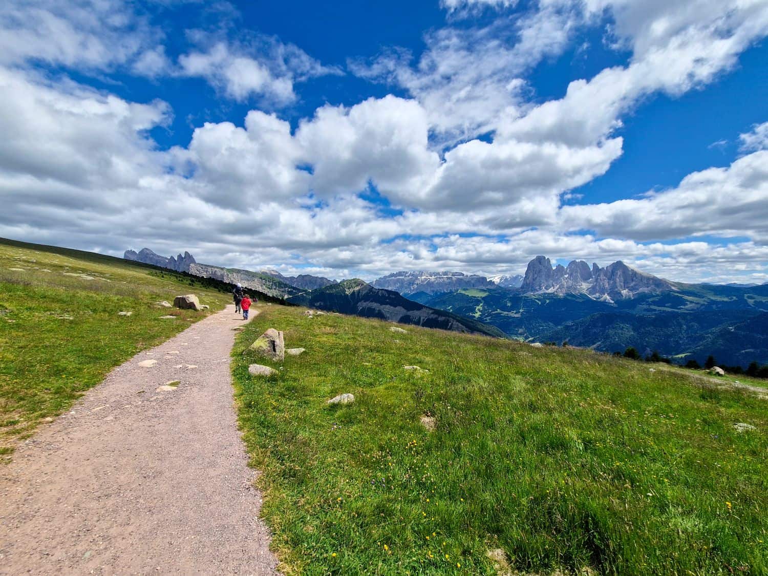 A dirt path winds through a grassy meadow toward distant mountains under a partly cloudy blue sky. Two people walk along the path, surrounded by green fields and scattered rocks.