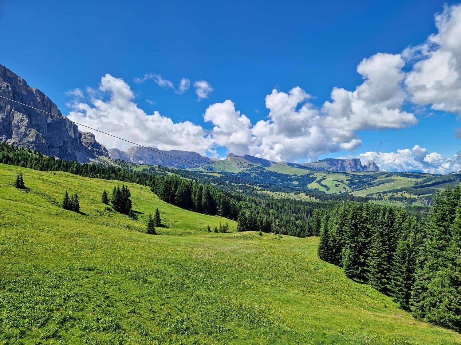 A wide green meadow with clusters of pine trees stretches towards distant mountains under a bright blue sky filled with fluffy white clouds.