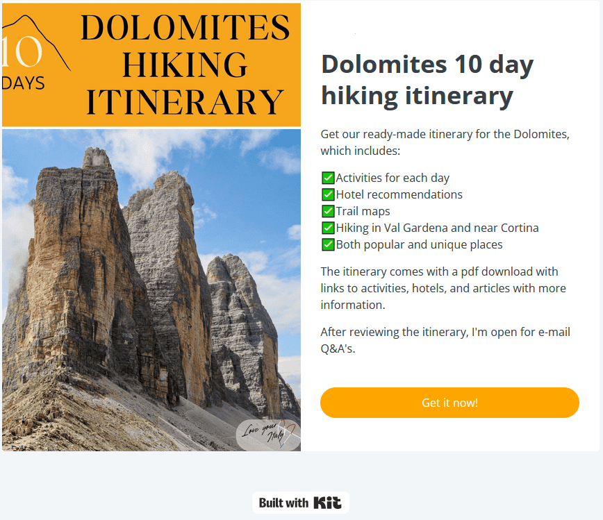 Promotional image for a "Dolomites 10 day hiking itinerary" featuring a dramatic rocky mountain peak, itinerary highlights, and a yellow button labeled "Get it now!" on a white and yellow background.