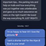 A text conversation, with one person expressing gratitude for tips about parking, trails, and itinerary details, and another person happily responding and mentioning sending a trail for the Alpe di Siusi via email.