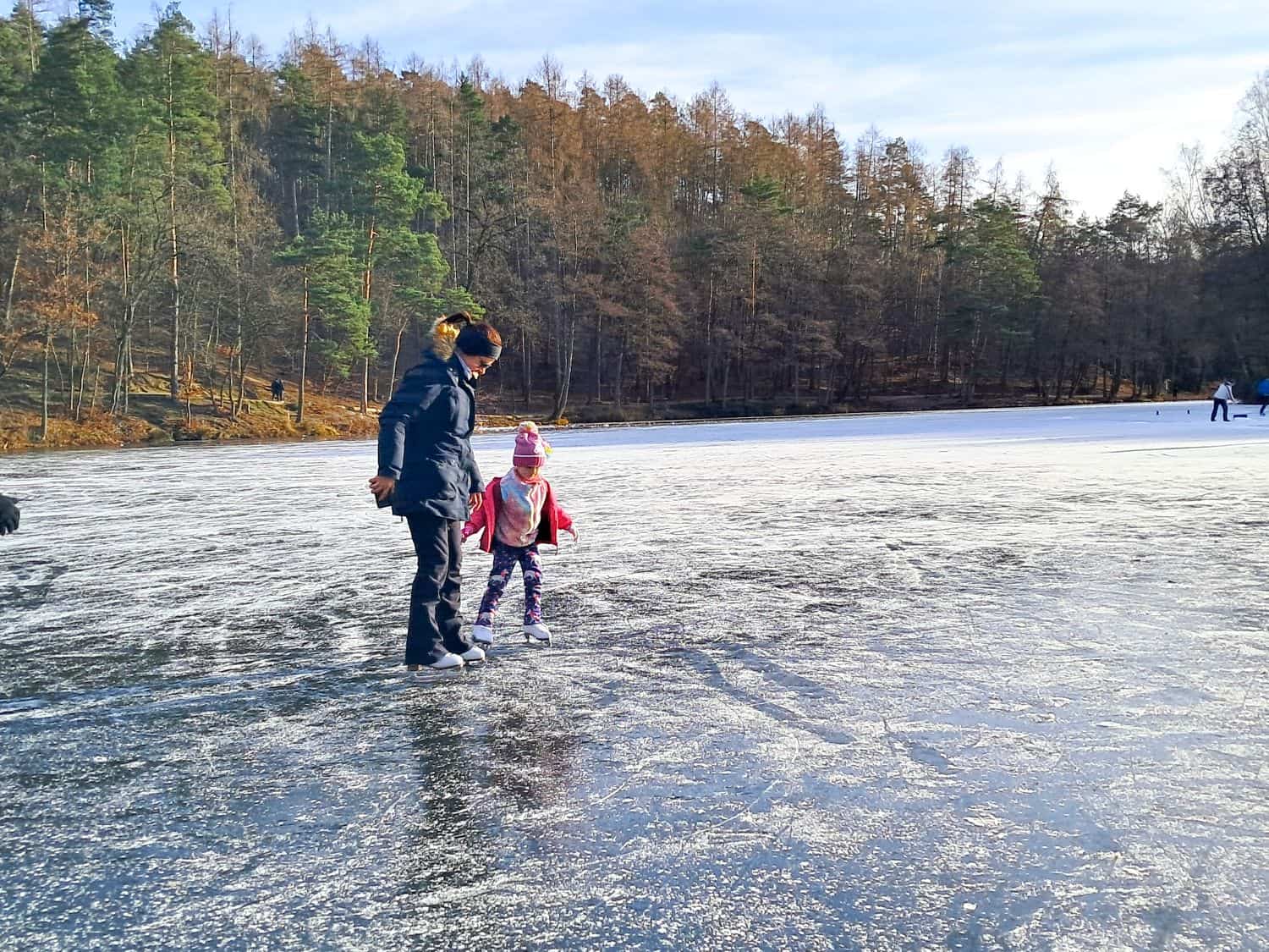 An adult and a child, both bundled up in winter clothes, hold hands while ice skating on a frozen lake surrounded by trees under a clear sky.