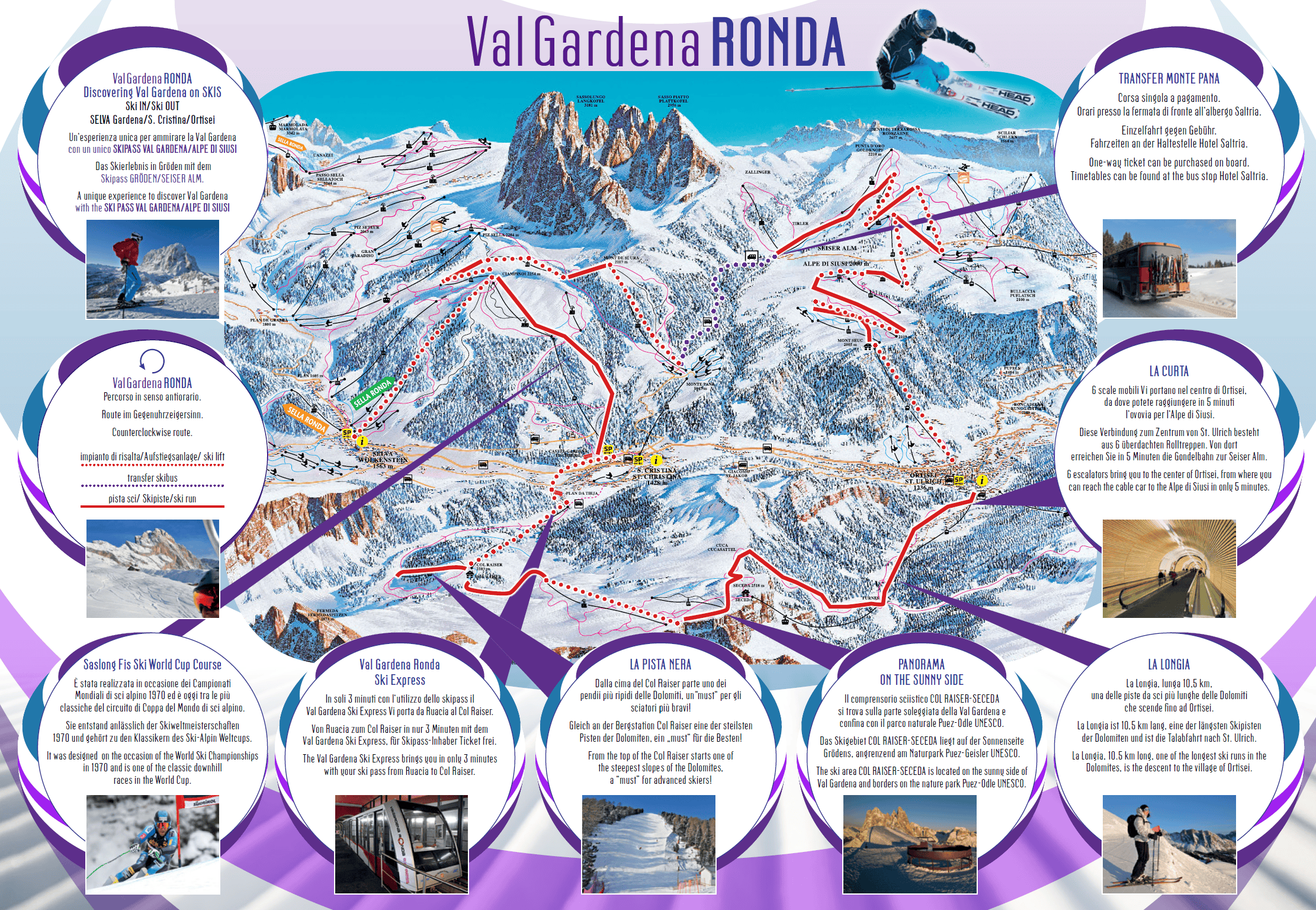 Map of the Val Gardena Ronda ski area with ski routes, lifts, and points of interest highlighted. Surrounding the map are informational boxes about key locations and activities in the ski region.