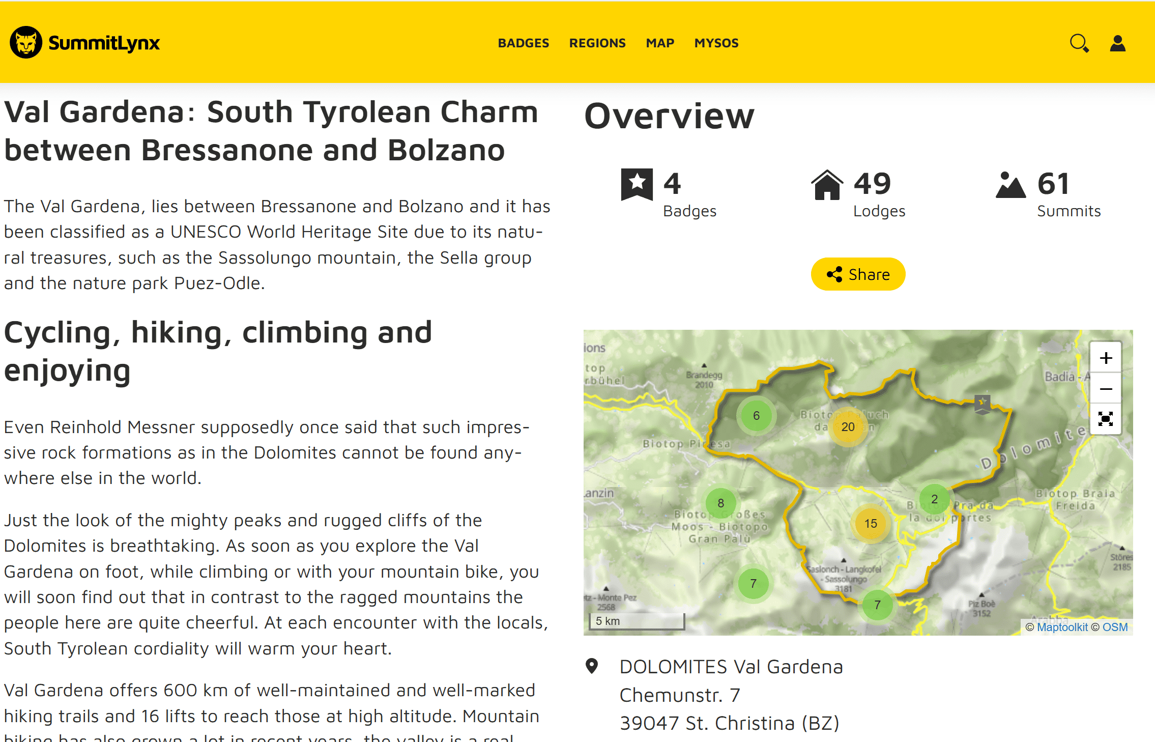 Screenshot of a SummitLynx webpage about Val Gardena, highlighting its UNESCO status, outdoor activities, an overview map, and location details, with icons showing badges earned, regions, logins, and summit points.